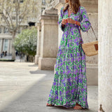 RomiLdi Women's Bohemian Dress V Neck Long Sleeve Floral Print Long Maxi Boho Dress