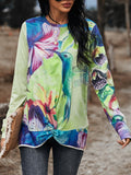 RomiLdi Women's T-Shirt Artist Abstract Print Long Sleeve Design Hem Crew-Neck Tee