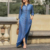 RomiLdi Women's Denim Dress Lapel Single Breasted Long Sleeve Long Maxi Dress