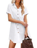 rRomildi Women's Shirt Dress Lapel Single Breasted Casual Mini Dress Soft Cotton Linen Dresses