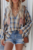 RomiLdi Plaid V-Neck Long Sleeve Top Loose Cowboy Blouse for Women