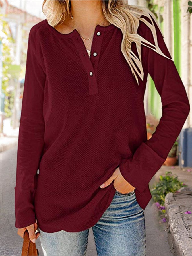 RomiLdi Solid Color Button Long Sleeve Casual T-Shirt