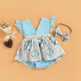RomiLdi Pretty Lace Easter Bunny Print Lace Patchwork V-Neck Toddler Sleeveless Jumpsuits With Headband