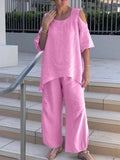 rRomildi Solid Color Fashion Round Neck Pullover Cotton Linen Short Sleeve Pants Set