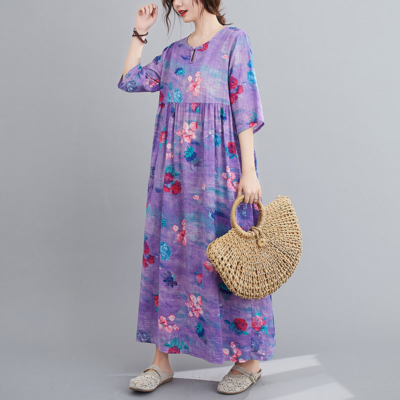 rRomildi Women's Cotton Linen Dress Floral Print Spring Summer Dress Mid-Sleeve Loose Linen Dress