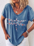RomiLdi Women's Dragonfly Flower Print V Neck Casual T-Shirt