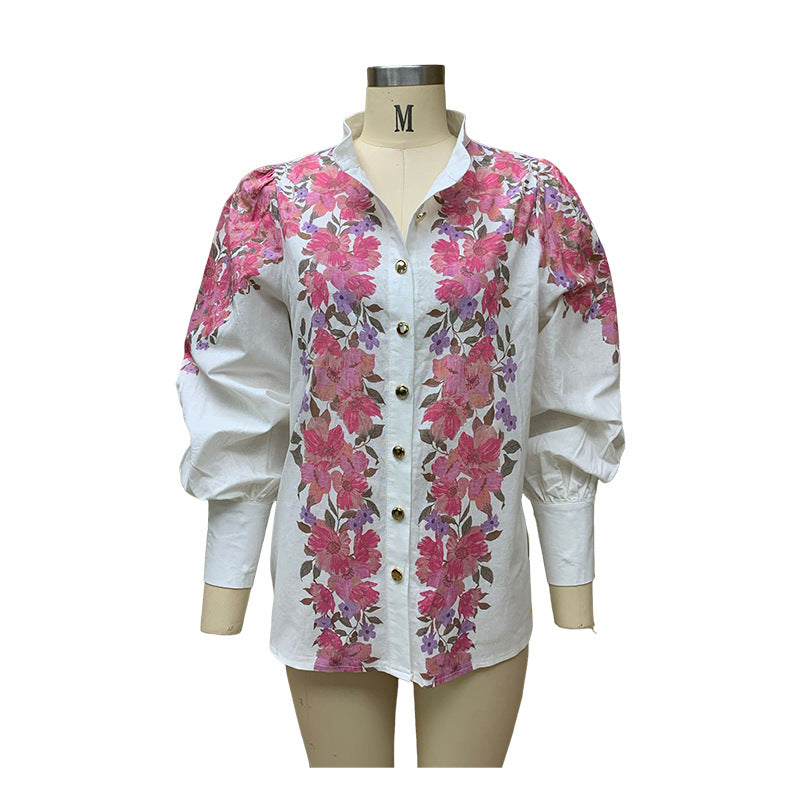 RomiLdi Women's Cotton Linen Shirt Stand Collar Floral Print  Loose Puff Long Sleee Blouse