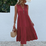 rRomildi Women's Holiday Beach Dress V-Neck Sleeveless Buttoned Tiered Midi Dress