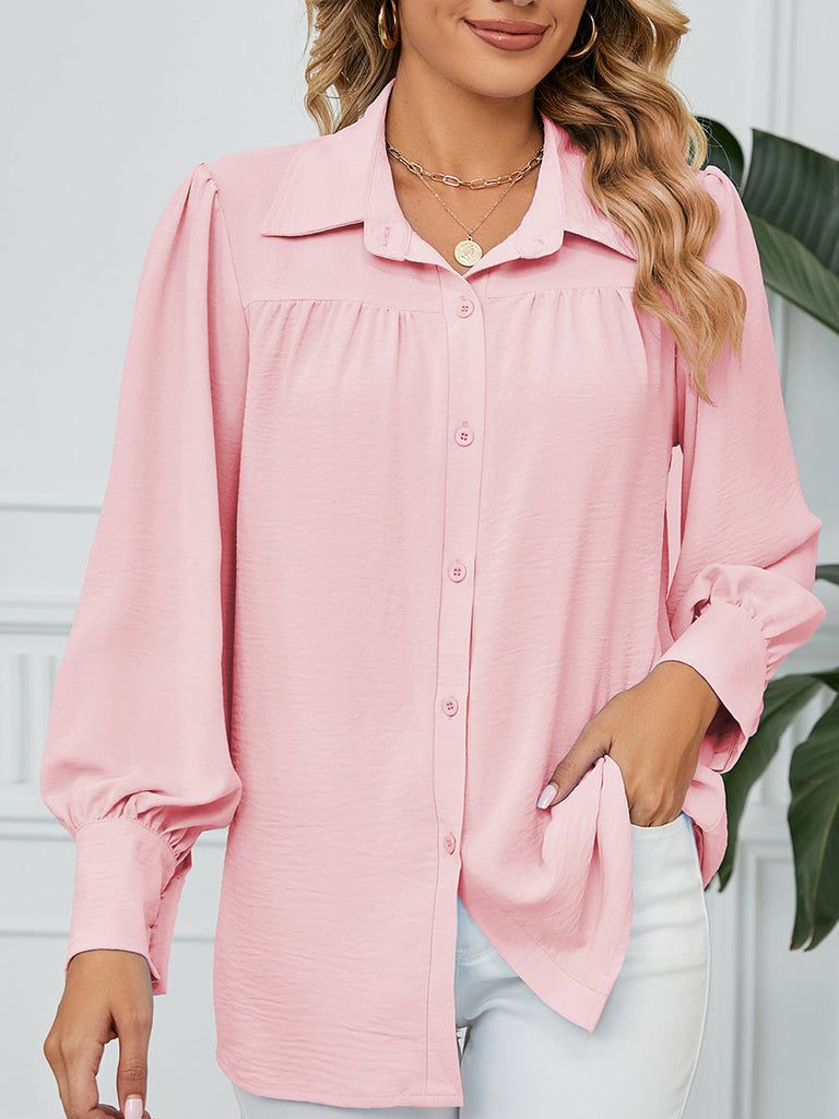 RomiLdi Chiffon Solid Long Sleeves Shirt Collar Buttoned Loose Blouse