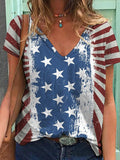 rRomildi Women's Flag Top American Flag Print Short Sleeve V-Neck T-Shirt