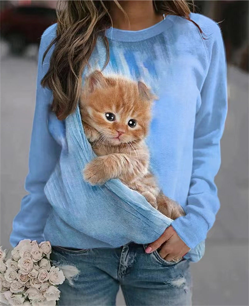 RomiLdi Women's 3D Cute Cat Full Printed T-Shirts Crew Neck Long Sleeve Top