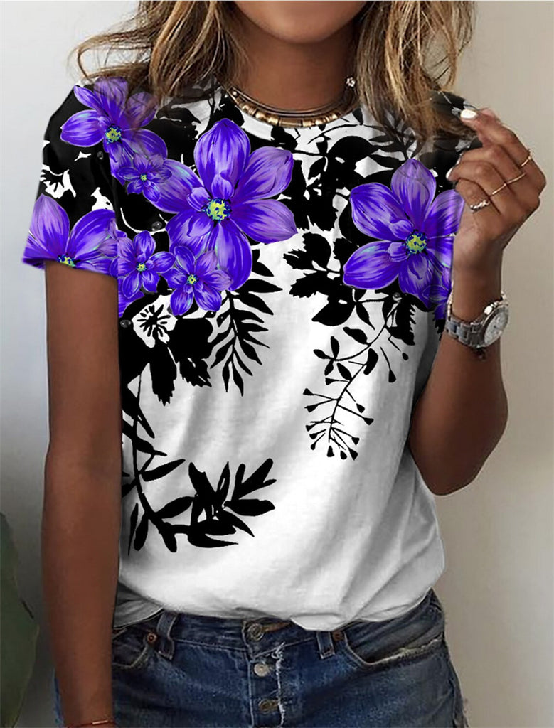 rRomildi Women's Tops Casual Floral Print Crew Neck T-Shirt