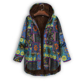 RomiLdi Womens Blue Coat Vintage West Floral Print Hoodie Thick Fleece Jacket Cotton Linen Coat Outerwear