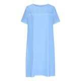 rRomildi Women's Cotton Linen Dresses Lace Crew-Neck Short Sleeve Casual Cotton Linen Dress