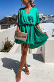 rRomildi Women's Beach Dress Solid V-Neck Loose Mini Holiday Vacation Dress