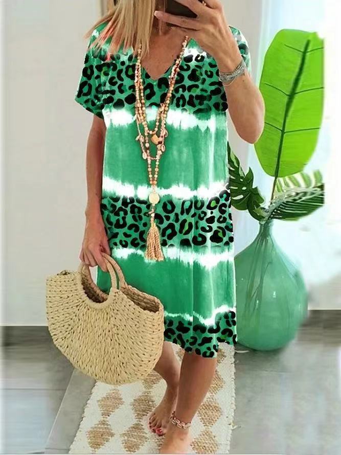 rRomildi Women's Leopard Print Dress V-Neck Summer Holiday Beach Casual Dresses