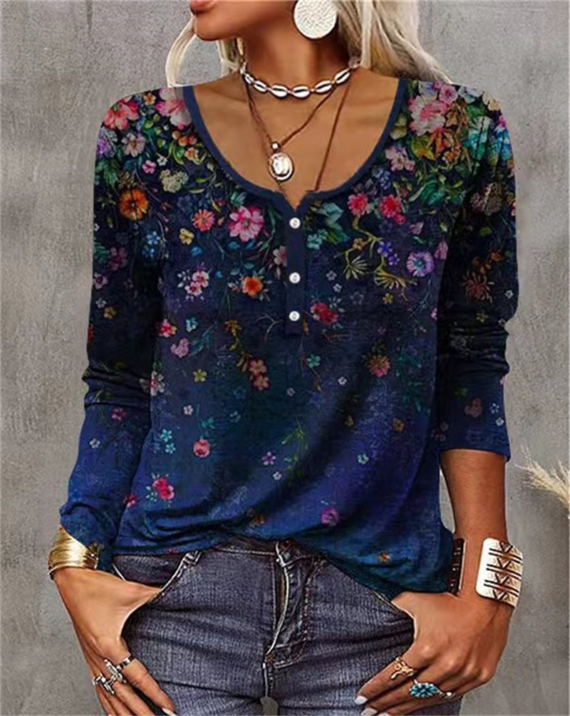 RomiLdi Women's Floral Printed U Collar Long Sleeve Retro Vintage T-Shirt Top