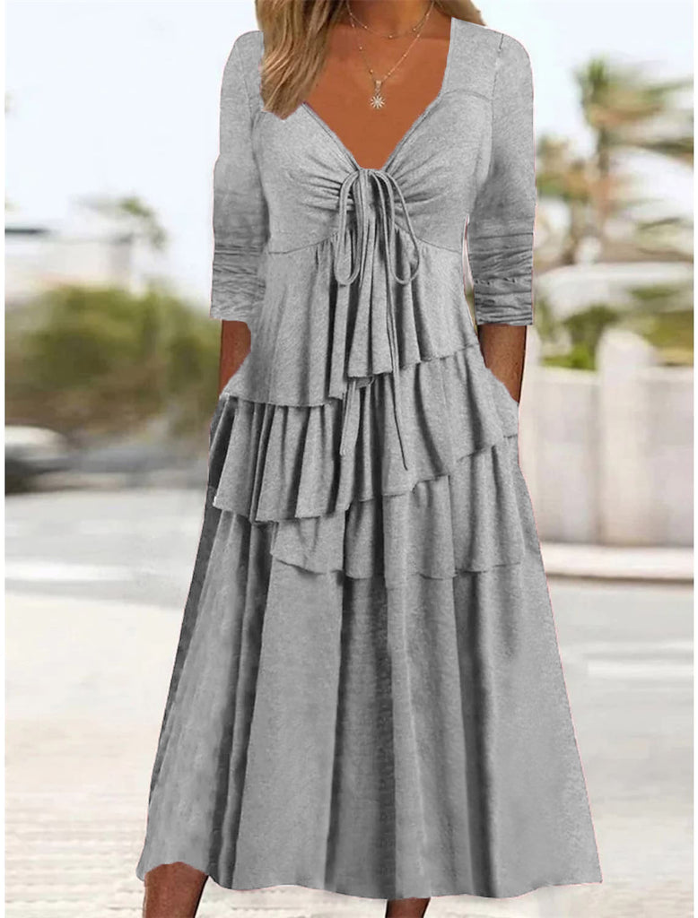 rRomildi Women's Summer Dress V-Neck Layer Casual Midi Dress