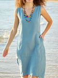 rRomildi Women's Linen Dresses Solid Sleeveless U-Neck Cotton Linen Casual Midi Dress