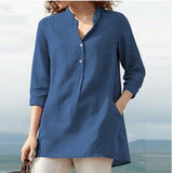 rRomildi Women's Solid Cotton Linen Blouse Light Weight Soft Linen Stand Collar Shirts with Pocket