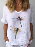 rRomildi Women's Dragonfly Print Cotton Linen Shirt