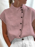 rRomildi Women's Cotton Linen Shirt Stander Collar Button Design Linen Blouse