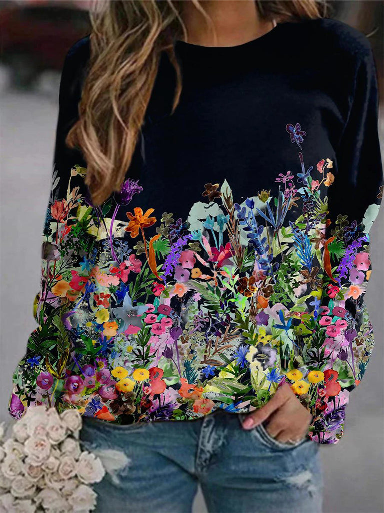 RomiLdi Women's Vintage Colorful Floral Printed Crew Neck Long Sleeve Loose Sweatshirts