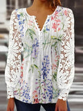 rRomildi Casual Floral-Print Paneled Lace Long-Sleeved Top