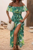 rRomildi Sexy Vacation Floral Frenulum Slit Off the Shoulder Printed Dress Dresses