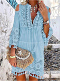rRomildi Women's Boho Dress Loose V-Neck Lace Tassel Plus Size Dress