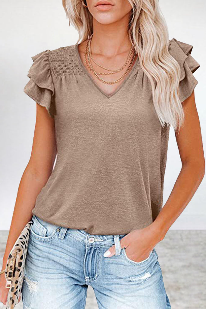 RomiLdi Casual Simplicity Solid Flounce V Neck T-Shirts(5 Colors)