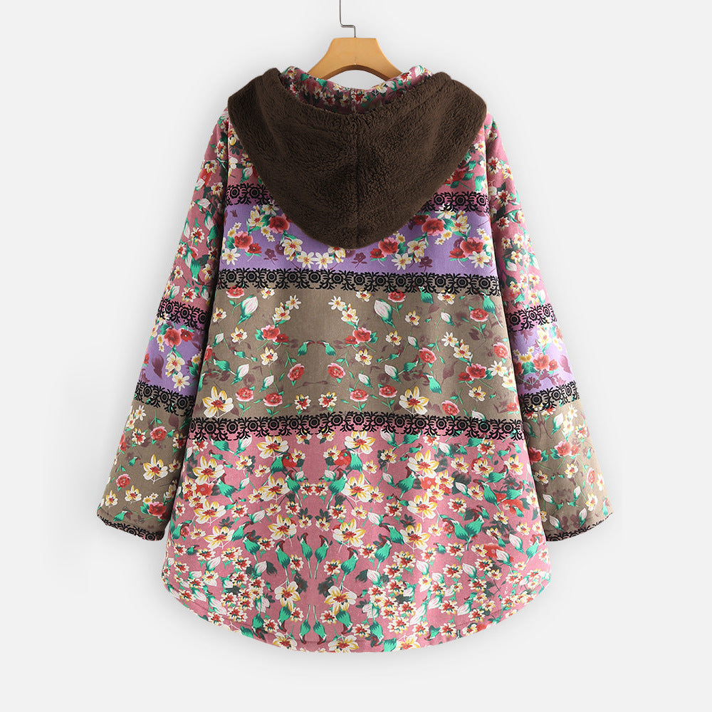 RomiLdi Womens Vintage West Floral Print Hoodie Thick Fleece Cotton Linen Coat Outerwear
