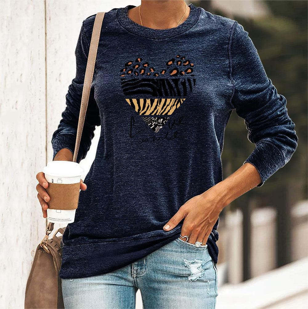 RomiLdi Loose Leopard Print Love Print Round Neck Long Sleeve T-Shirt for Women Love is Wild Letter Top