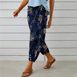 rRomildi Women's Vintage Retro Blue Leaf Floral Print Loose Cotton Linen Pant
