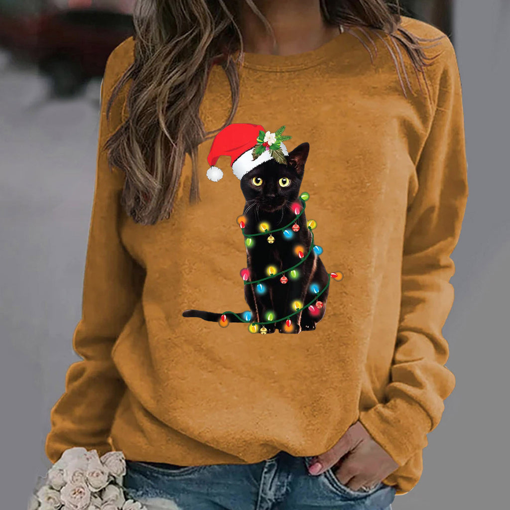 RomiLdi Women's Christmas Top Cute Cat Print Crew Neck Long Sleeve Casual T-Shirt