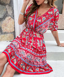 RomiLdi Women's Boho Dress Summer Floral Print Dress V-Neck Holiday Dress