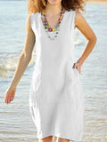 rRomildi Women's Linen Dresses Solid Sleeveless U-Neck Cotton Linen Casual Midi Dress