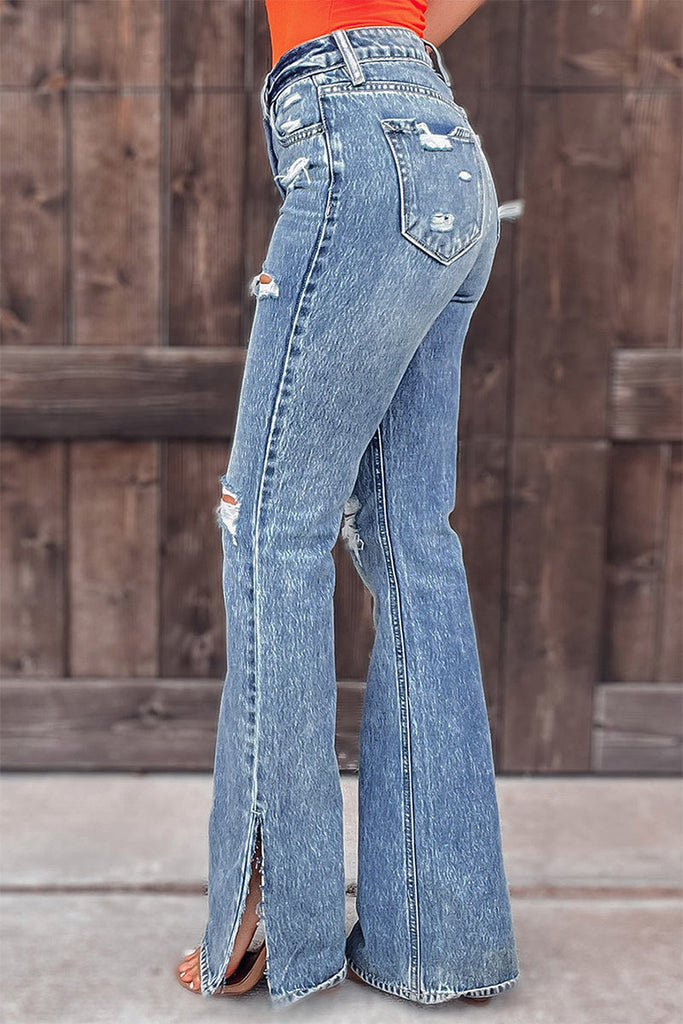 RomiLdi Street Solid Ripped Mid Waist Straight Denim Jeans