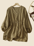 rRomildi Women's Cotton Linen Shirt V-Neck High Waist Half Sleeve Soft Linen Shirt Blouse
