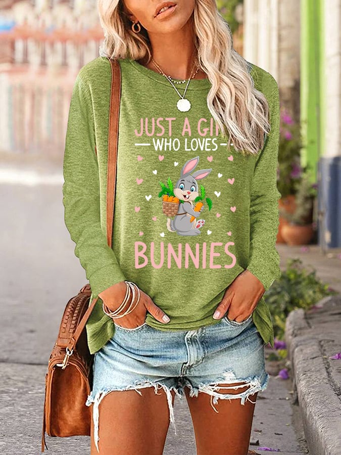 RomiLdi Women's Easter Just A Girl Who Loves Bunnies Printed Long-Sleeve T-Shirt