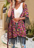 rRomildi Women's Boho Beach Cover Top Floral Print Open Front Tassel Casual Tops