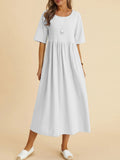 rRomildi Women's Cotton Linen Dress Crew Neck Short Sleeve Midi Linen Dress