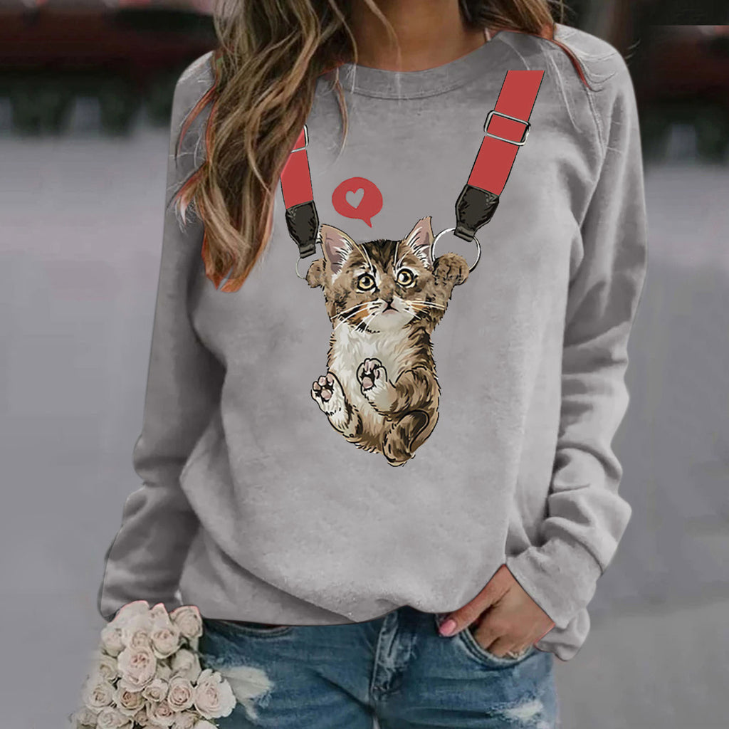 RomiLdi Women's Top Cute Cat Print Crew Neck Long Sleeve T-Shirt