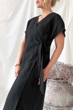 rRomildi Women's Cotton Linen Dress V-neck Slit dress