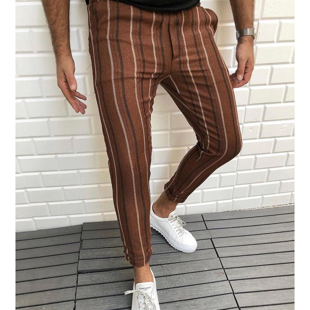 RomiLdi Men's Casual Striped Pant Straight Sport Mens Pant Skinny Slim Fit Coffee Brown Pants