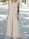 rRomildi Summer Outfits Casual Plain Cotton and Linen Suits Sleeveless Tank Top and Pants Two-Piece Sets