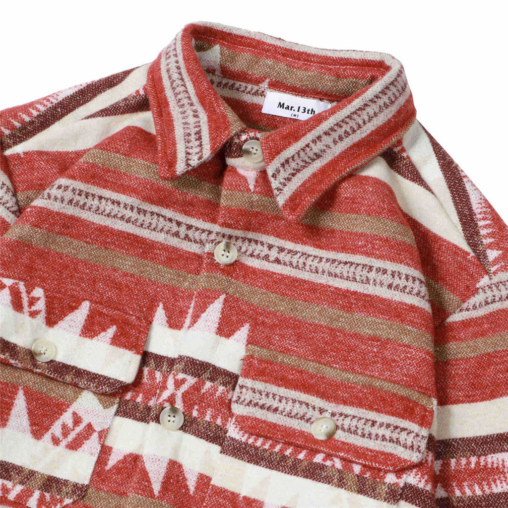 RomiLdi Men's Red Aztec Geometric Jacket West Cowboy Style Western Woolen Shirt Jacket Coat