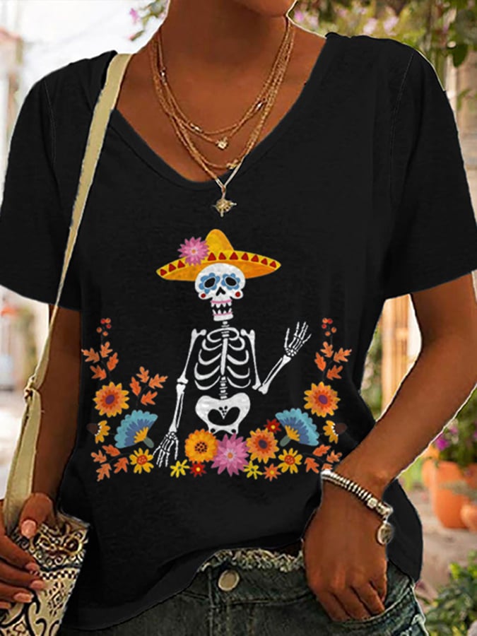 rRomildi Women's Cinco De Mayo Undead Skull Print Short Sleeve