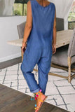 rRomildi Casual Street Solid Solid Color O Neck Loose Jumpsuits