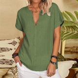 rRomildi Solid Color Cotton and Linen Basic Short-Sleeved Top for Women